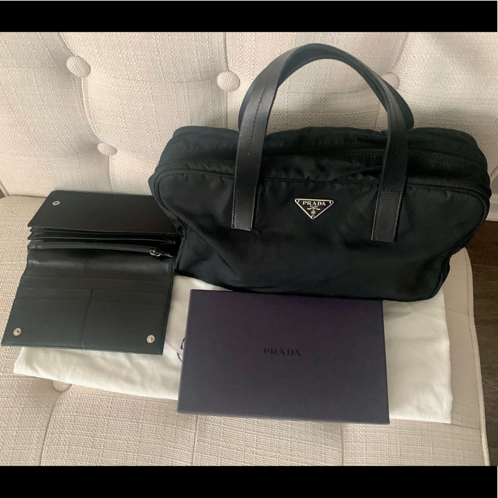 PRADA NYLON SMALL TOTE WITH PRADA NYLON WALLET WITH SILVER HARDWARE